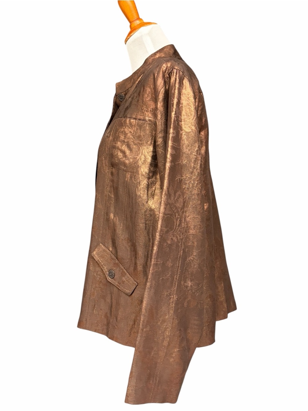 Chico’s Bronze Silk Linen Metallic Jacquard Jacket Size 3, XL, Silk Fall Jacket - Picture 4 of 10